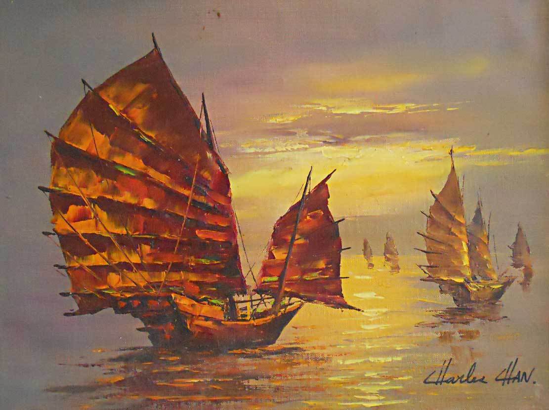 Chinese Vintage Original Marine Painting Junks Boat Seascape Orange ...