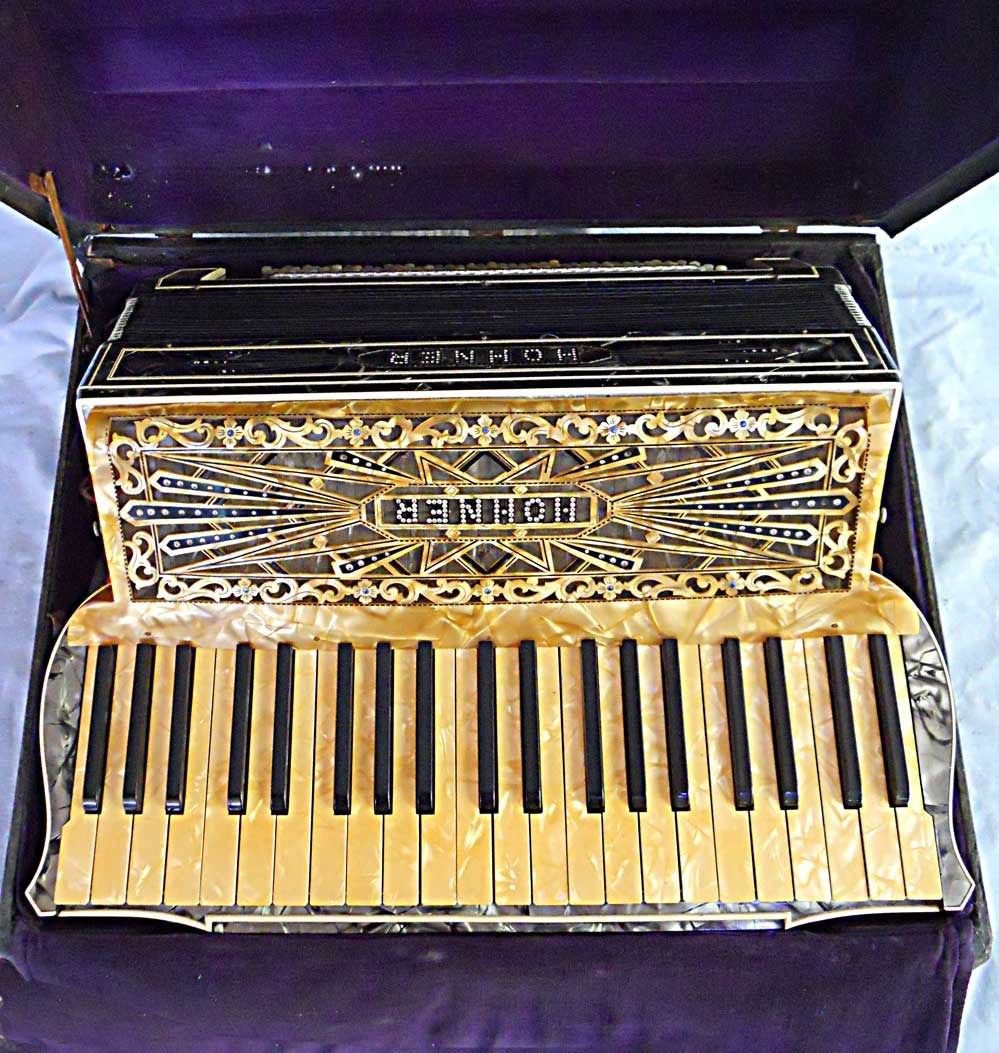 Antique Hohner Accordion Large Jewels Incrusted Blue White Faux Diamond