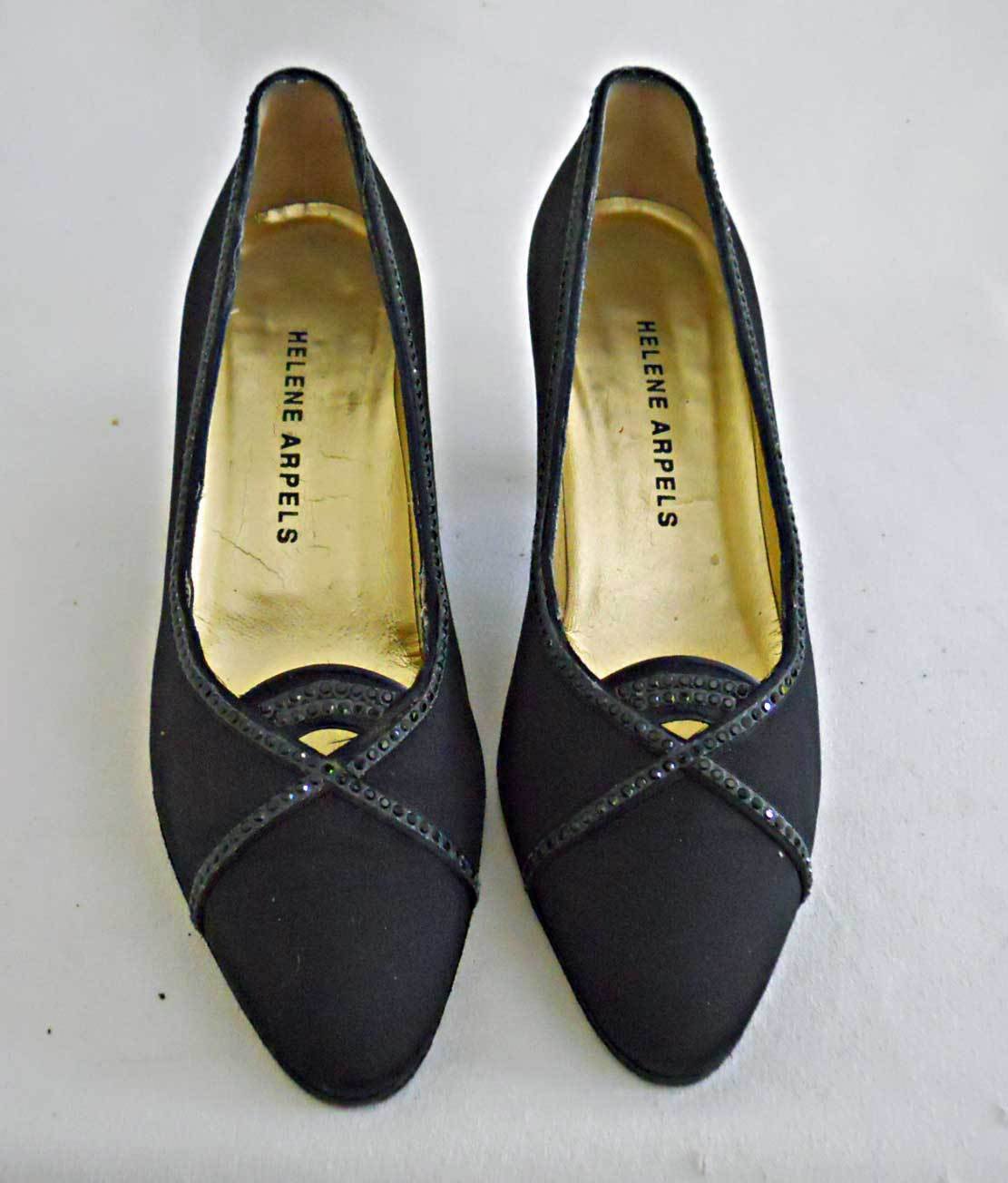 Helene Arpels Black Satin Pumps Evening Shoes Cut Out