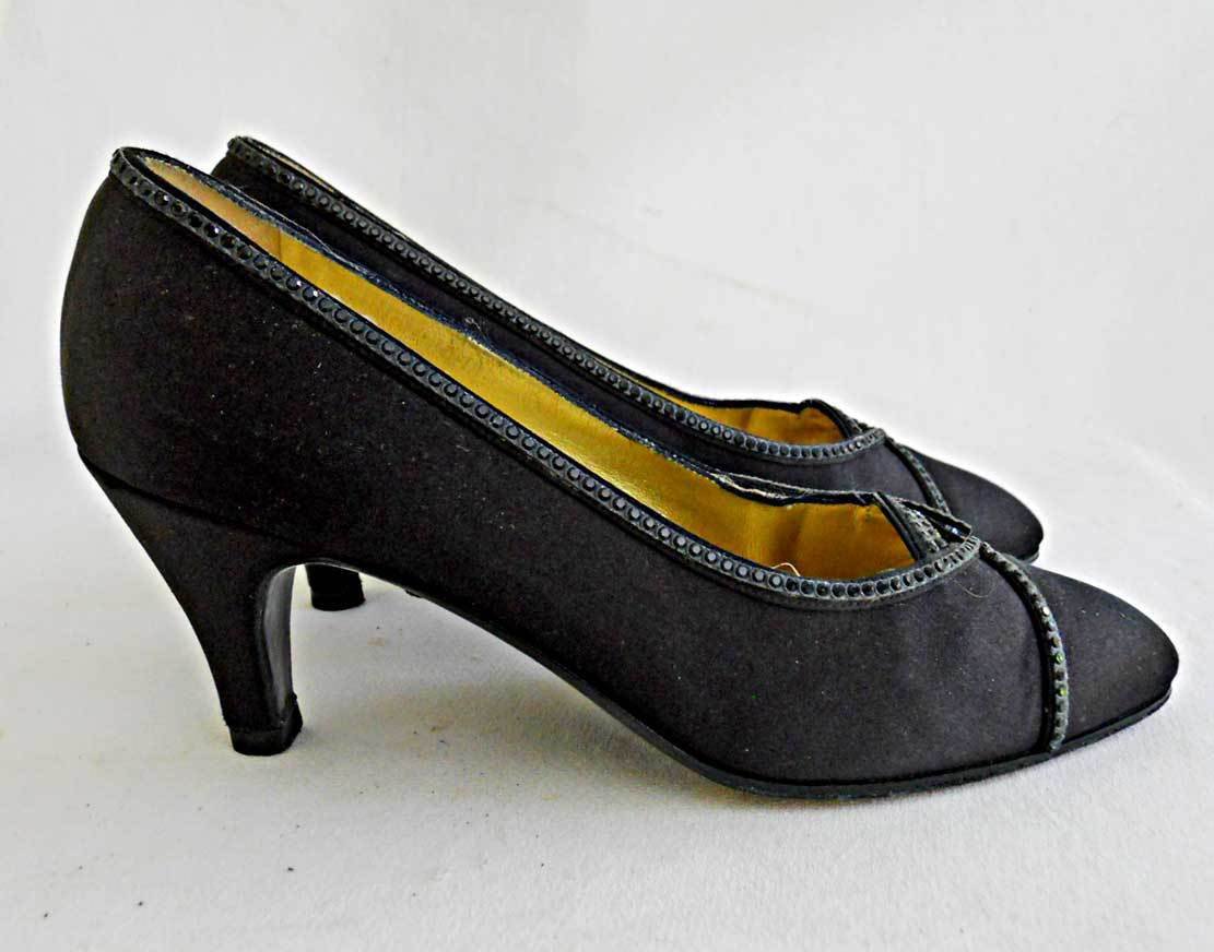 Helene Arpels Black Satin Pumps Evening Shoes Cut Out Sparking Piping ...