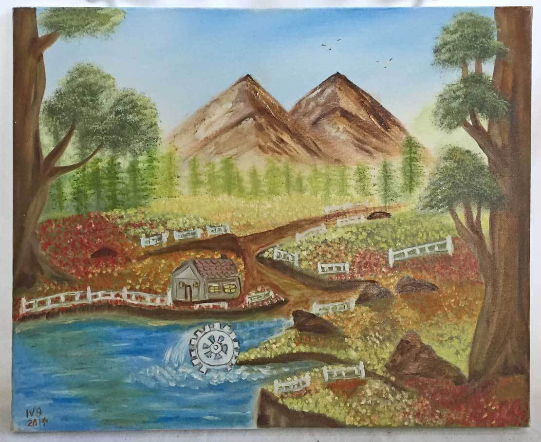 Western Folk Art Naive Original Painting River Water Wheel Mountain ...