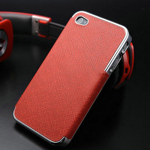 Vintage Hard Case For Iphone 4 Plastic With Pu Leather Surface Pho 32268140509-16-red with silver