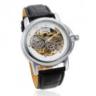Men's Auto-Mechanical Hollow White Dial Black Leather Band Wrist Watch