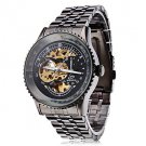 Men's Auto-Mechanical Hollow Black Dial Steel Band Wrist Watch - DISCOUNTED