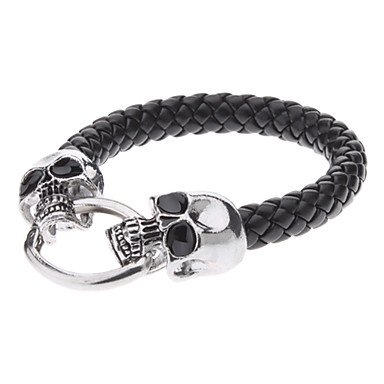 ** Men's Double Ghost Head Alloy Leather Bracelet **