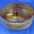 Ovington New York France 3 Divided Dish of an Amber Glass & Intricate Gold Metal