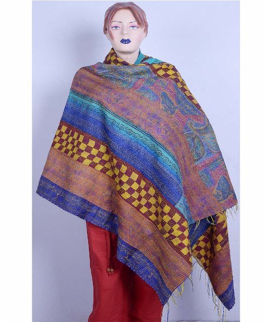 New Women's Fashion Reversible Gorgeous Long Wrap Scarf Kantha Silk Shawl Beach