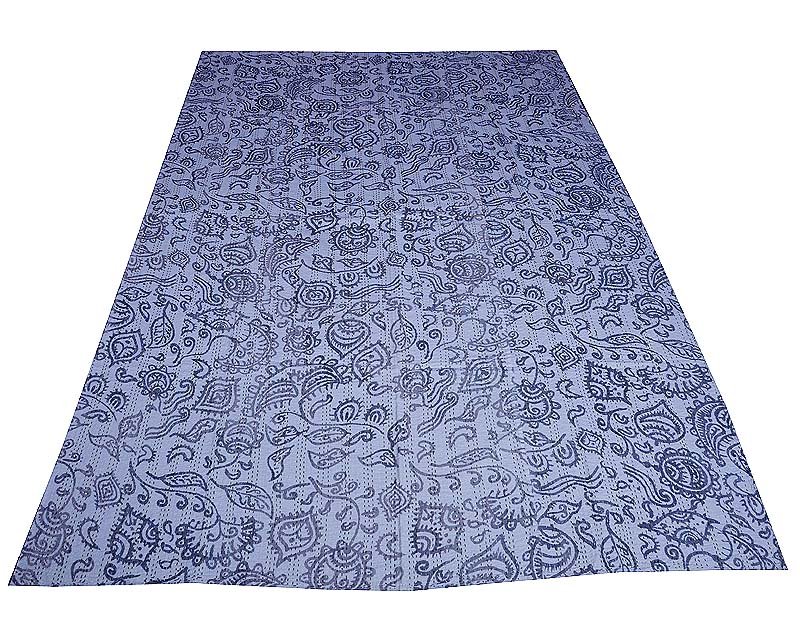 Indian White Ikat Kantha Quilt Cotton Ralli Throw Twin Blanket Bedspread Gudari