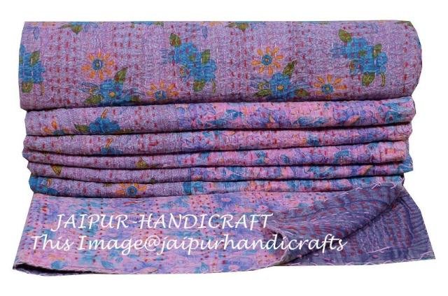 Floral Twin Size Kantha Quilt Cotton Throw Blanket Bedspread Gudari Indian Decor