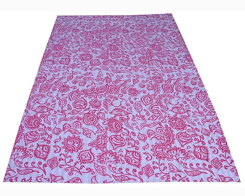 Indian White Kantha Quilt Twin Size Bedspread BeddingThrow Reversible Art Gudari