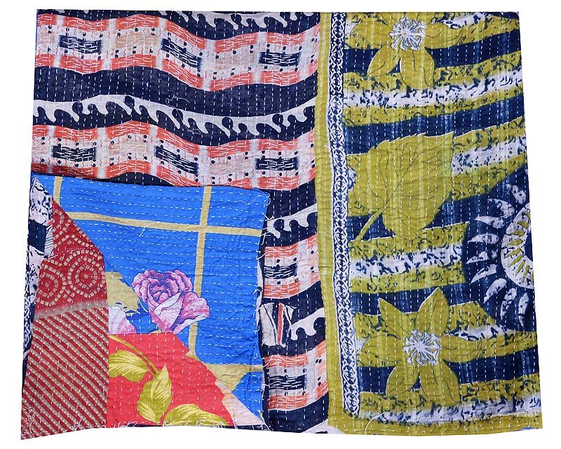 INDIAN VINTAGE KANTHA FLORAL QUILT BEDSPREAD REVERSIBLE BLANKET THROW GUDARI ART