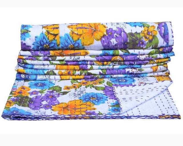 Indian Kantha Quilt Twin Size White Bedspread Reversible Blanket Throw Gudari