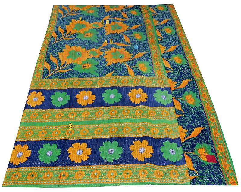INDIAN VINTAGE TWIN GUDARI KANTHA QUILT COTTON THROW BEDDING BEDSPREAD BLANKET