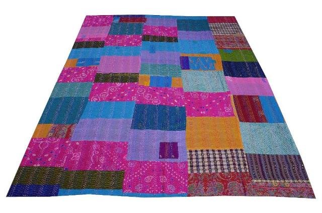 INDIAN KANTHA HANDMADE IKAT SILK&COTTON PATCHWORK QUILT VINTAGE THROW GUDARI ART