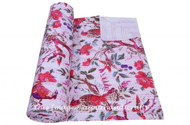 Indian White&Red Bird Kantha Reversible Throw Ethnic Cotton Art Bedspread Gudari