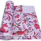 Indian White&Red Bird Kantha Reversible Throw Ethnic Cotton Art Bedspread Gudari