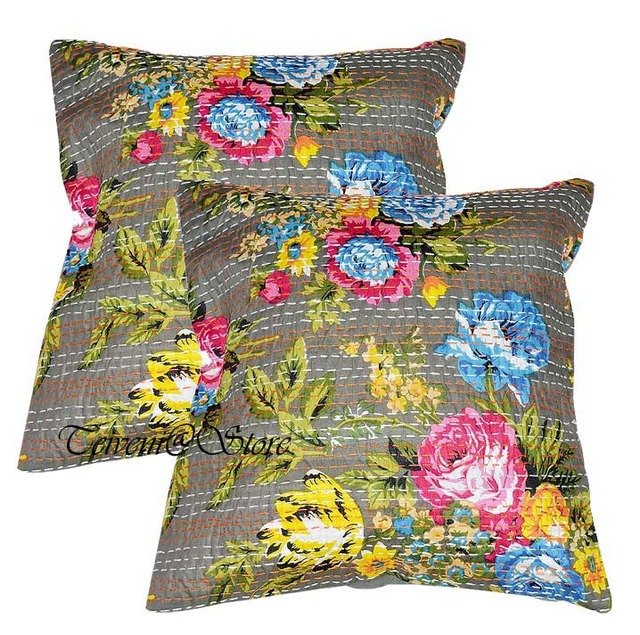 Indian Kantha Handmade Cotton Floral Cushion Stitch Case Home Decor Pillow Cover
