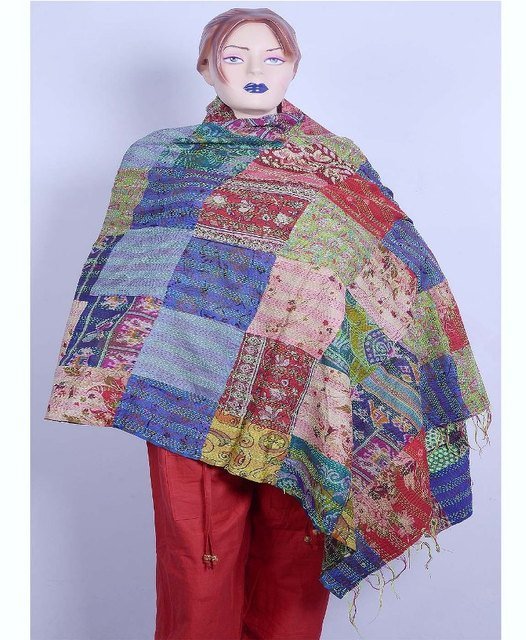 Indian Kantha Silk Sari Stole Women Shawl Hand Stitch Vintage Embroidered Scarf