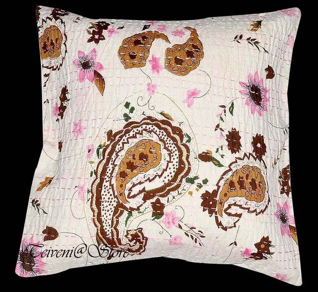 16" KANTHA INDIAN PILLOW EMBRODERED PAISLEY VINTAGE CUSHION COVER HOME DECOR