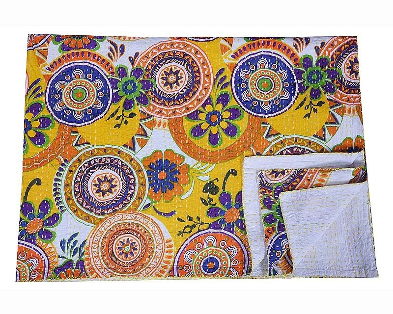 Indian Twin Size Kantha Handmade Quilt Throw Bedspread Blanket Ikat Gudari Decor