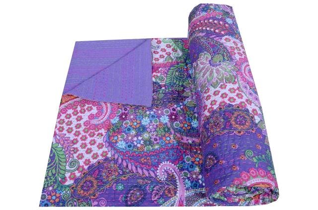 INDIAN QUEEN SIZE COTTON KANTHA QUILT THROW RALLI REVERSIBLE BEDSPREAD GUDARI