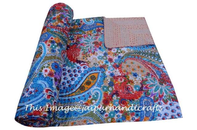 INDIAN KANTHA QUILT COTTON THROW REVERSIBLE BEDSPREAD RALLI GUDARI QUEEN SIZE