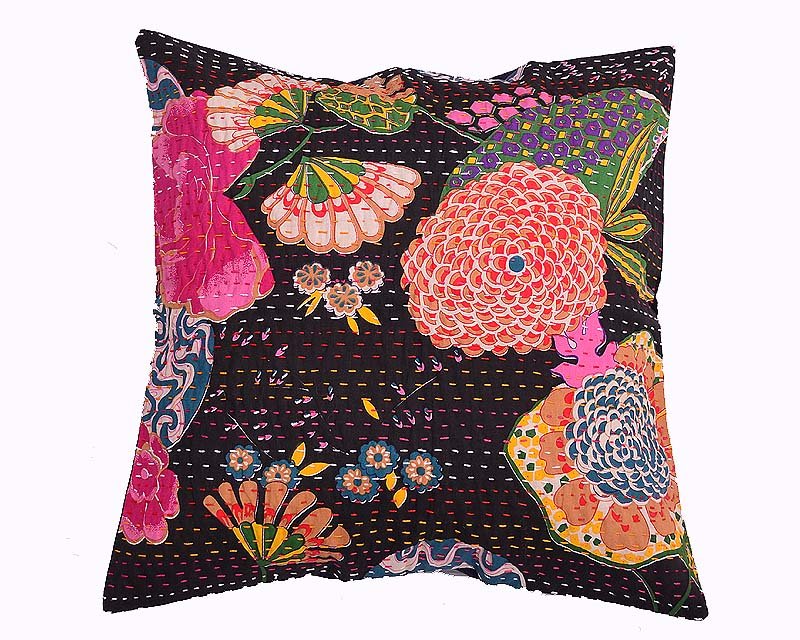 16" CUSHION INDIAN PILLOW COVERS BLACK KANTHA THREAD WORK ETHNIC DECORATIVE ART