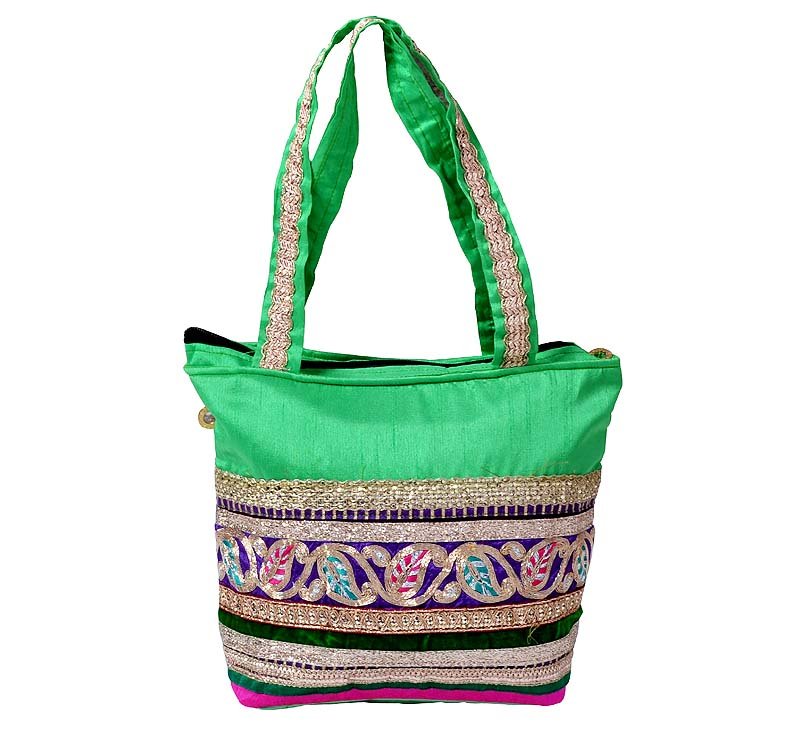 Indian Wedding Handbag Mughal style Green Colour Patchwork Embroidered Tote Bag