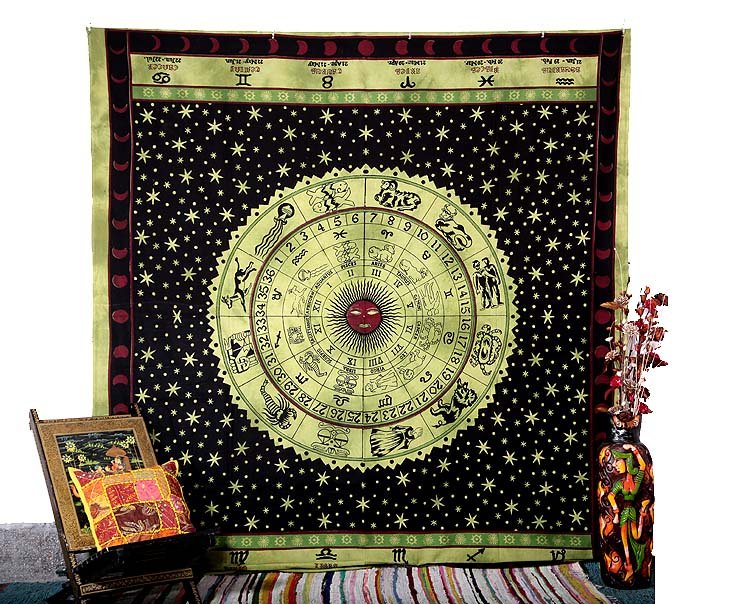 Indian Horoscope Queen Tapestry Bedspread Zodiac Astrology Wall Hanging Hippie