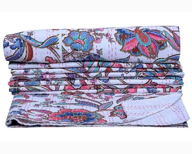 Indian Kantha Quilt Twin Handmade Bedspread Quilt Decor Reversible Gudari Floral