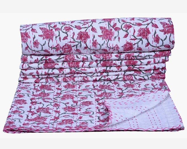Indian Floral Twin Kantha Quilt Reversible Blanket Throw Bedspread Ralli Gudari