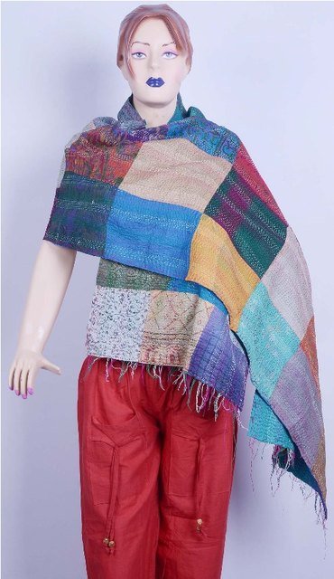 Kantha Patch Work Vintage Stoles Reversible Quilted Shawl Scarf Hijab Silk Hand