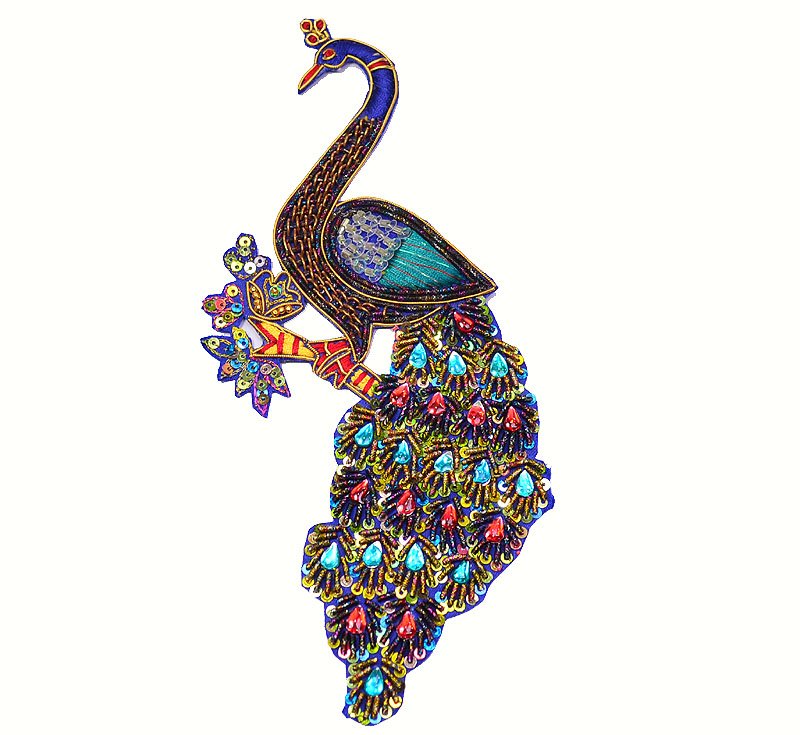 Indian Rhinestone Peacock Hand-Beaded Applique, Large Peacock Indian Applique.