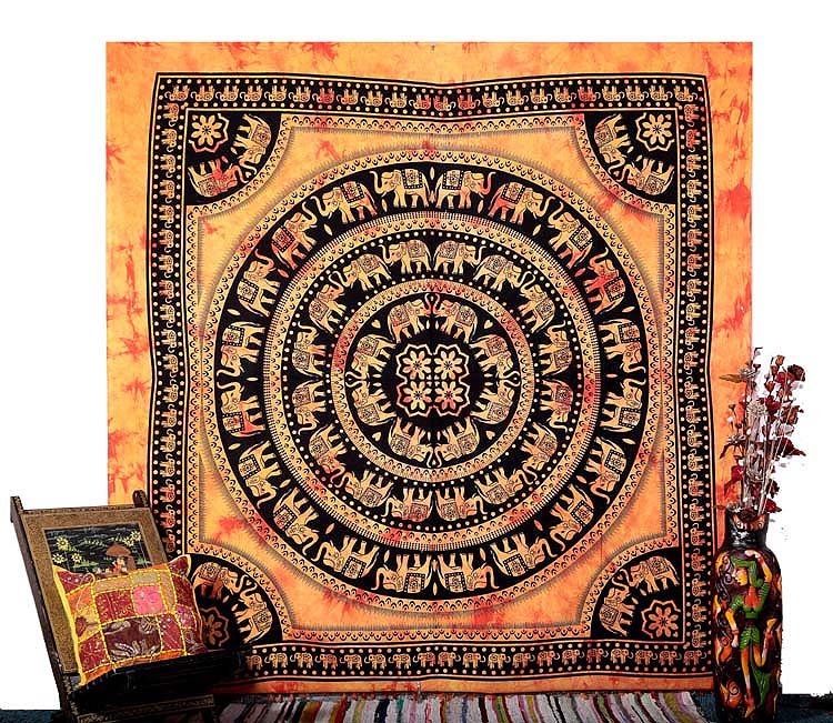 INDIAN QUEEN MULTI ELEPHANT COVERLET BEDSPREAD WALL HANGING HOME DECOR TAPESTRY
