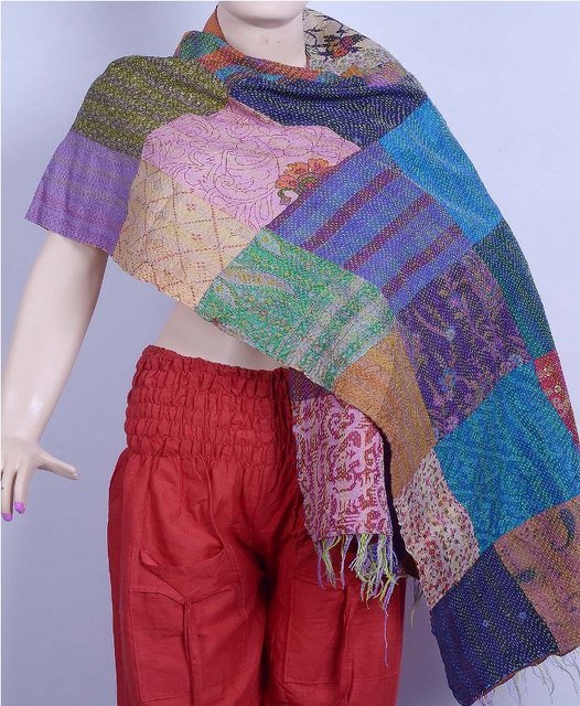 Indian Beautiful Shawl Handmade Sari Silk Shawl / Scarf / Wraps Kantha Designer