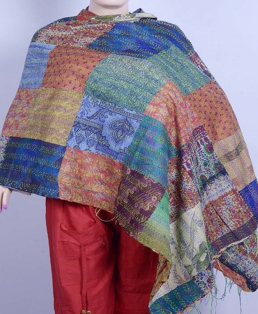 INDIAN PURE SILK HAND QUILTED KANTHA BEST REVERSIBLE SHAWL STOLE HIJAB SCARF ART
