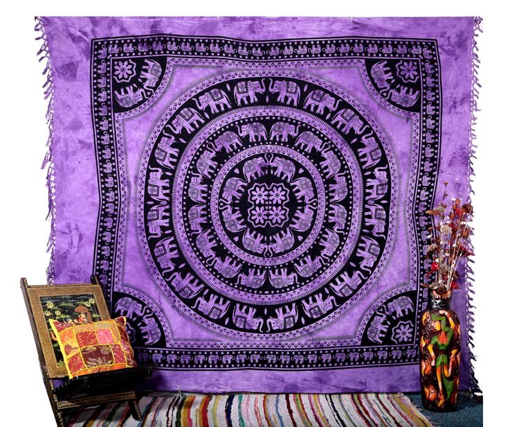 NICE PURPLE ELEPHANT MANDALA BEDSPREAD WALL HANGING TAPESTRY TABLE COVER DECOR