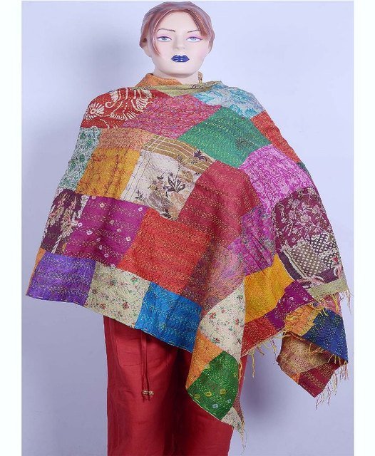 Handmade Indian Embroidered Kantha Silk Shawls/Hand- Stiched Scarves wraps Shawl