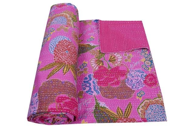 INDIAN KANTHA QUILT COTTON RALLI REVERSIBLE THROW BEDSPREAD FRUIT PRINT GUDARI