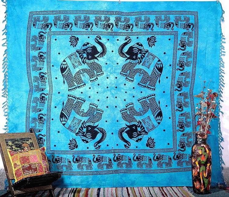 INDIAN BLUE ELEPHANT COVERLET QUEEN BEDSPREAD WALL HANGING TAPESTRY DECORATIVE