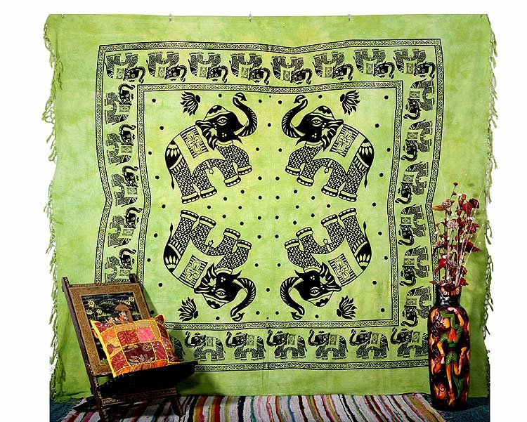 INDIAN GREEN ELEPHANT BEDSPREAD COVERLET WALL HANGING TAPESTRY BEDSHEET DECOR