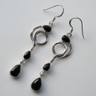 HANDCRAFTED ART DECO STYLE STERLING SILVER AND CABOCHON BLACK ONYX DROP EARRINGS