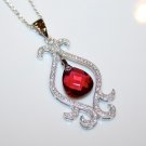 STERLING SILVER 11MM 3CT FACETED RUBY CZ DROP PENDANT & CHAIN