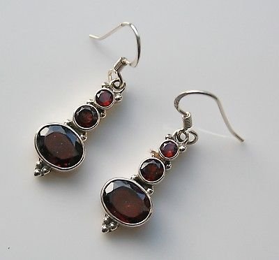 HANDCRAFTED STERLING SILVER Â FACETED GARNET GEMSTONE DROP EARRINGS