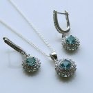 STERLING SILVER 1CT FACETED ROUND CUT BLUE TOPAZ CZ EARRING & PENDANT SET