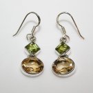 HANDCRAFTED STERLING SILVER  FACETED PERIDOT & CITRINE GEMSTONE DROP EARRINGS