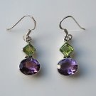 HANDCRAFTED STERLING SILVER  FACETED PERIDOT & AMETHYST GEMSTONE DROP EARRINGS