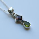HANDCRAFTED STERLING SILVER  FACETED GARNET & PERIDOT GEMSTONE PENDANT & CHAIN