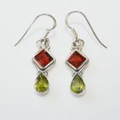 HANDCRAFTED STERLING SILVER FACETED GARNET & PERIDOT GEMSTONE DROP EARRINGS