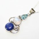 HANDCRAFTED STERLING SILVER LAPIZ, MOONSTONE & BLUE TOPAZ PENDANT & CHAIN